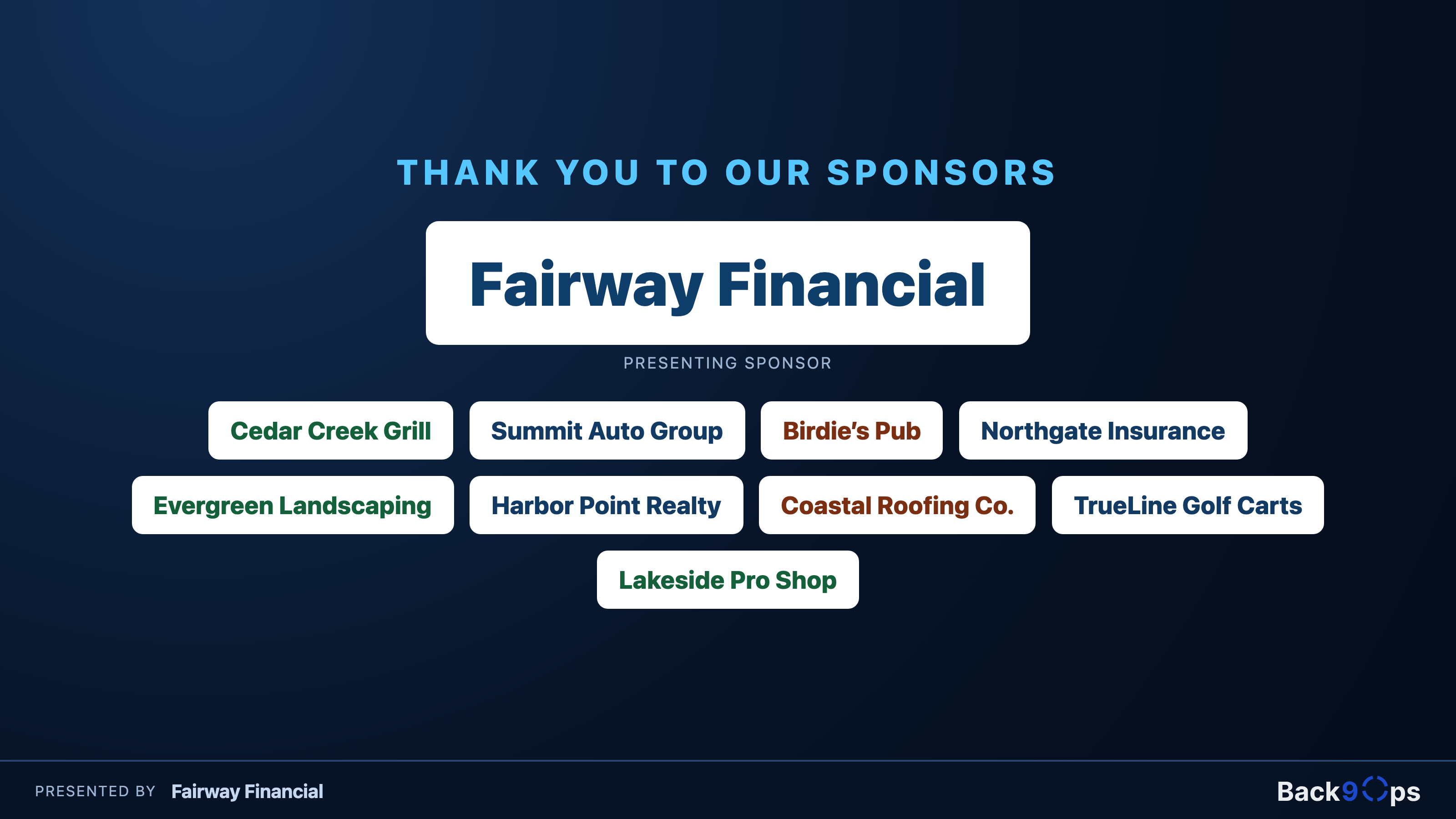 Back9Ops sponsor wall — a presenting sponsor plus a full wall of supporting sponsors shown on the clubhouse screen